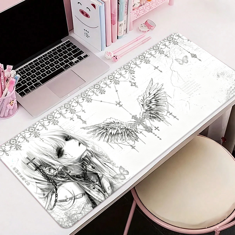 Gaming Keyboard And Mouse Pad - Leder-Mauspad Schwarz Weiß Anime Ästhetik Engel-Mädchen